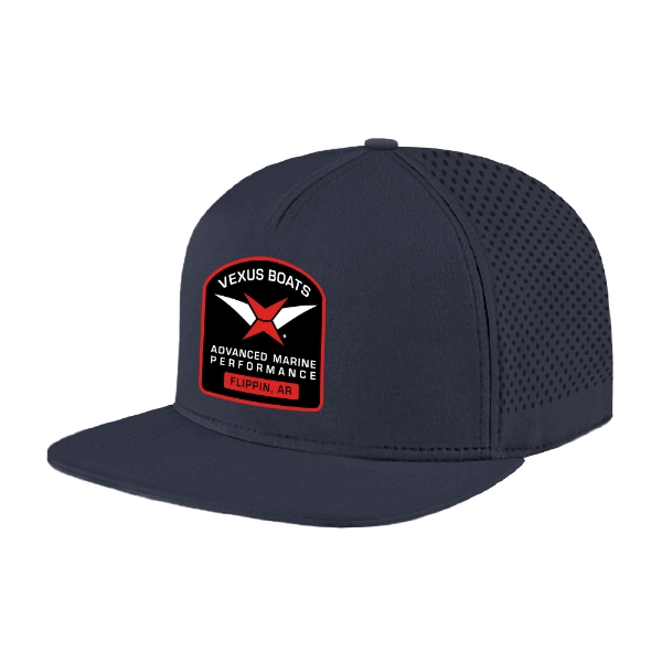 Front view of Vexus Navy Performance Flat Bill with Vexus Boats graphic