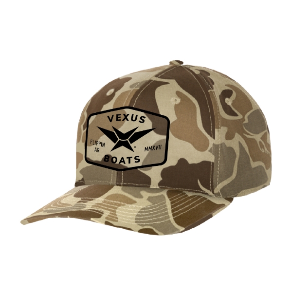 Front view of Vexus Duck Camo Hat with Vexus Boats graphic
