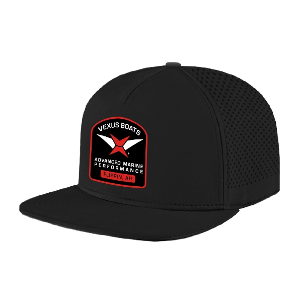 Front view of Vexus Black Performance Flat Bill with Vexus Boats graphic