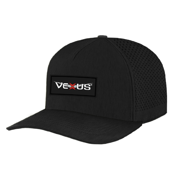 Front view of Vexus Black Performance Cap with logo patch