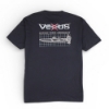Black short-sleeve Vexus Boats Precision Tee featuring a large back graphic with Vexus logo, “Advanced Marine Performance” text, and a boat design over a grid pattern.