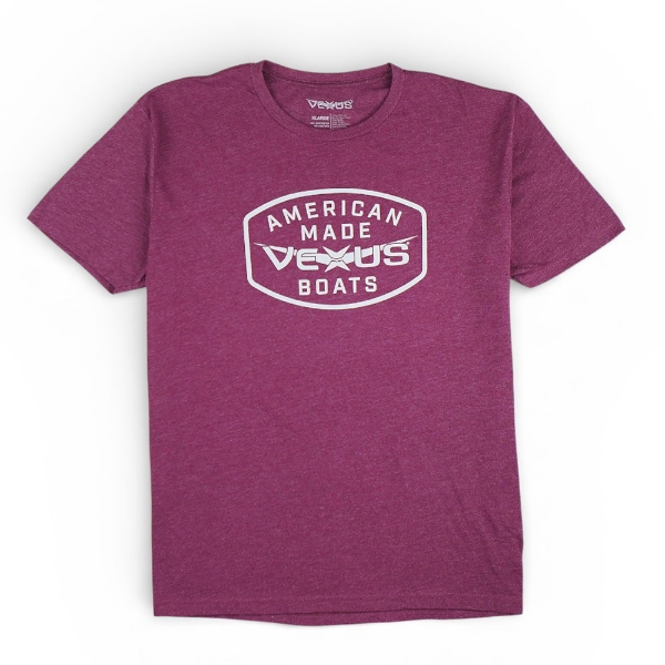 Heathered maroon short-sleeve Vexus Boats American Made Tee featuring a bold white graphic on the front with the text “AMERICAN MADE VEXUS BOATS” inside a shield-shaped design.