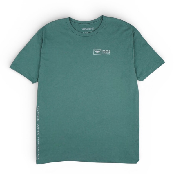 Vexus Gear green short-sleeve Everyday Tee with chest logo and side text “Advanced Marine Performance.”