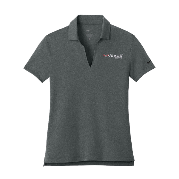 Vexus Boats Women’s Nike Dri-FIT Polo in Anthracite Heather, front view, left-chest embroidered Vexus Boats logo