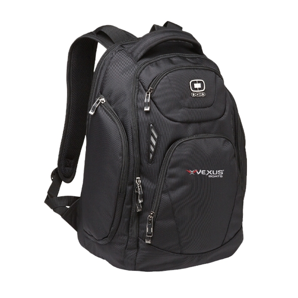 Vexus Boats OGIO Backpack in Black, angled front view, embroidered Vexus Boats logo on front pocket
