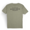 Olive green short-sleeve T-shirt with black text on the back reading “FLIPPIN VEXUS BOATS ARKANSAS” in a bold, curved design.