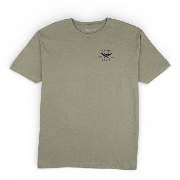 Olive green short-sleeve T-shirt with a small black Vexus Boats logo on the left chest, featuring a stylized “V” and text reading “VEXUS BOATS FLIPPIN ARKANSAS.”