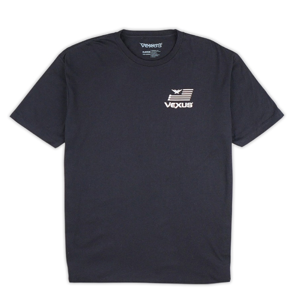 Black short-sleeve Vexus Boats Precision Tee with a small chest logo showing a stylized Vexus emblem and horizontal stripes.