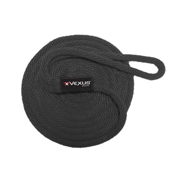 Coiled black Vexus 1/2 inch by 15 foot braided dock line with closed loop