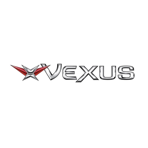 Raised vinyl dome Vexus logo decal on white background, straight view