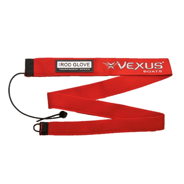 Red neoprene Tournament Series casting rod glove with Vexus logo, laid flat