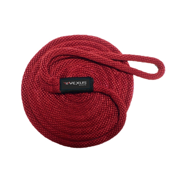 Coiled red Vexus 1/2 inch by 15 foot braided dock line with closed loop