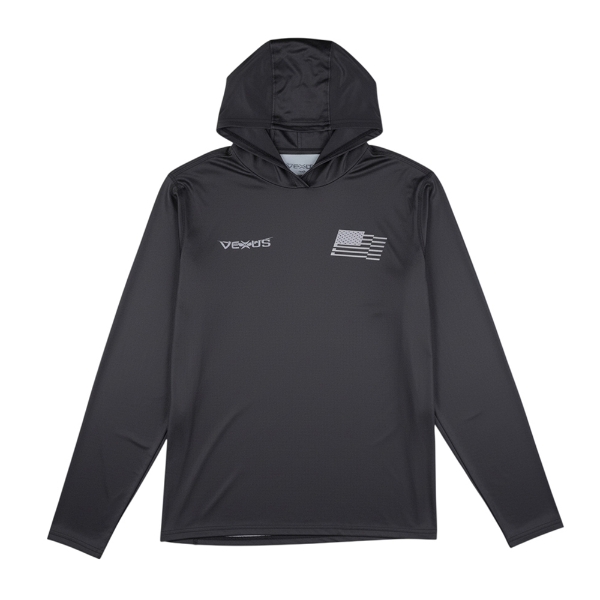 Military green long‑sleeve performance hoodie, front view, with Vexus logo on left chest and stylized flag graphic on right chest