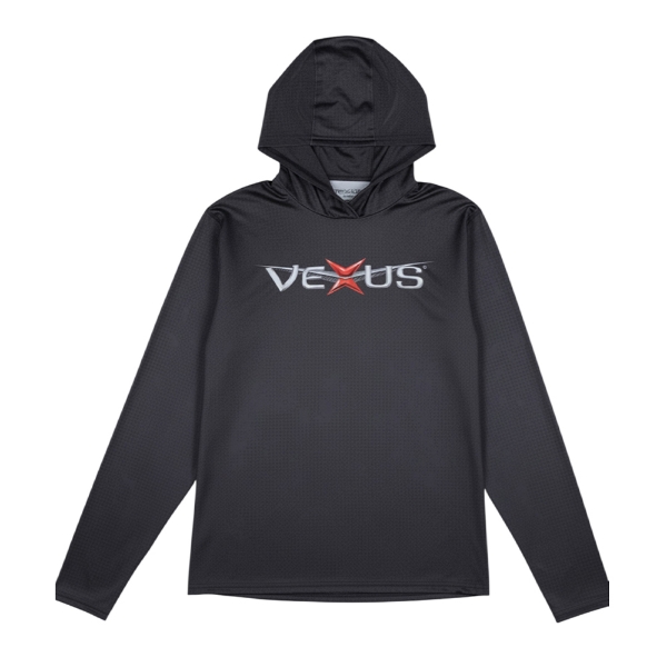 Camo long‑sleeve performance hoodie, front view, with large Vexus logo across the chest