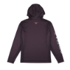 Dark cherry long‑sleeve performance hoodie, back view, with small Vexus logo below the hood and Vexus graphic down right sleeve