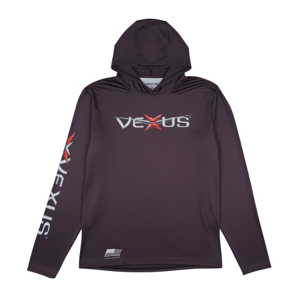 Dark cherry long‑sleeve performance hoodie, front view, with large Vexus logo on chest, Vexus graphic down right sleeve, and small flag graphic near lower hem