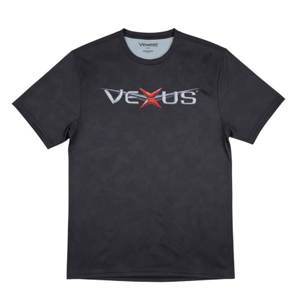 Dark cherry long‑sleeve performance hoodie, front view, with large Vexus logo on chest, Vexus graphic down right sleeve, and small flag graphic near lower hem