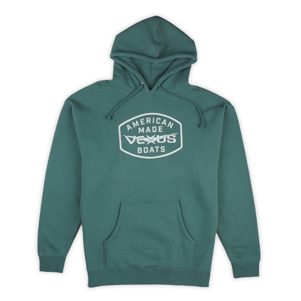 Vexus Boats American Made Hoodie featuring a bold white front graphic with the text “AMERICAN MADE VEXUS BOATS” inside a shield-shaped design, plus a front kangaroo pocket and drawstring hood.