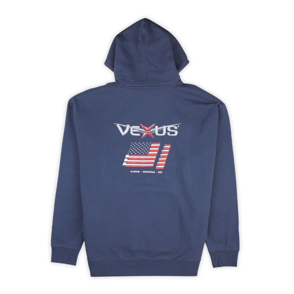 Navy blue Vexus Boats Patriot Hoodie featuring a large back graphic with the Vexus logo and an American flag design, along with text reading “Flippin, Arkansas USA.”