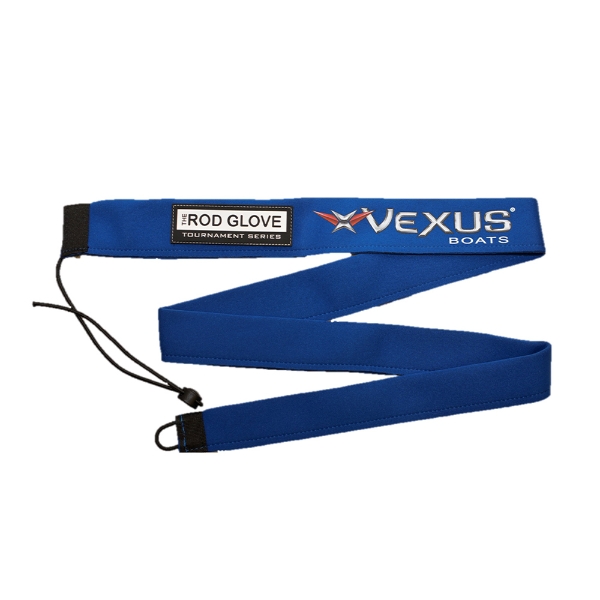 Royal blue neoprene casting rod glove with Tournament Series patch and Vexus Boats logo, laid out flat with securing loop visible