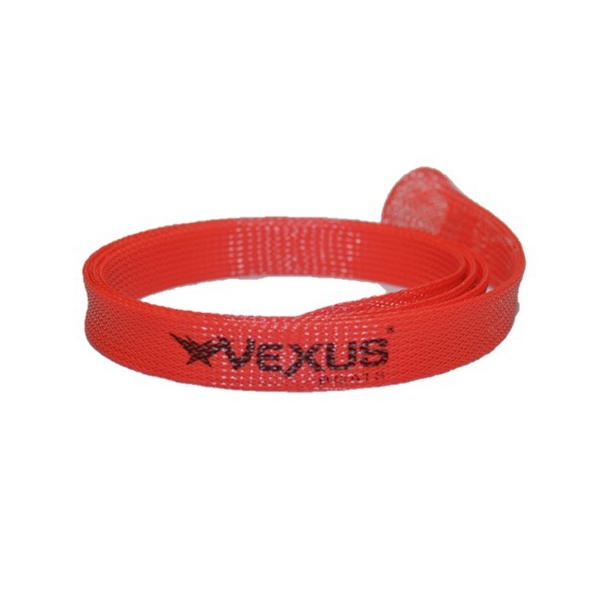 Red casting rod glove made of flexible mesh material with Vexus Boats logo printed on the side, coiled view