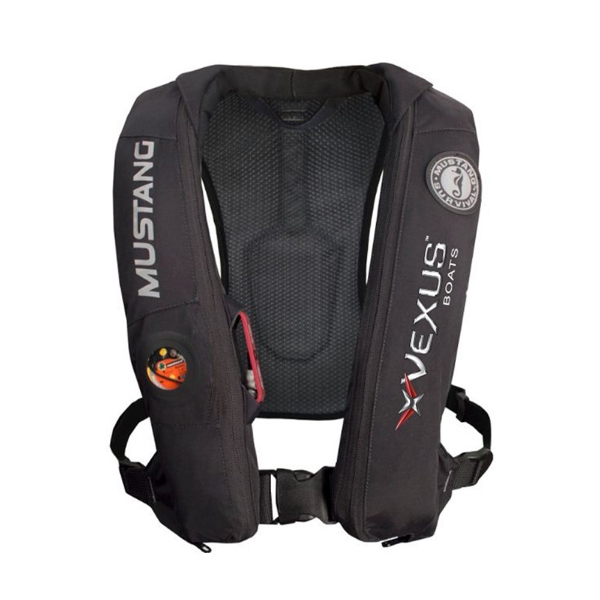 Black Mustang Elite inflatable PFD with Vexus Boats logo, Mustang branding, and front‑entry design shown upright
