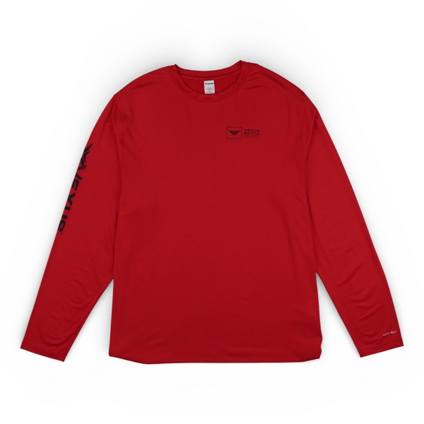 Vexus Gear red long-sleeve performance tee with logo on chest and sleeve, featuring UPF 50+ sun protection.