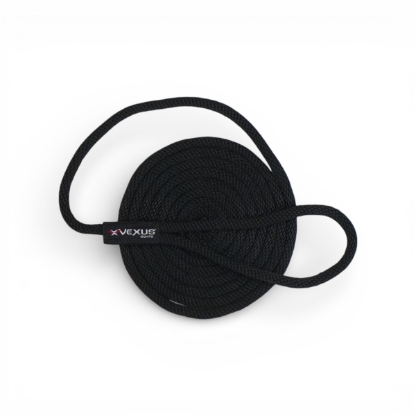 Coiled black Vexus 1/2 inch by 15 foot braided dock line with closed loop