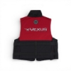 Red and black Mustang Accel fishing vest, back view, with large Vexus Boats logo and Mustang Survival patch at upper back