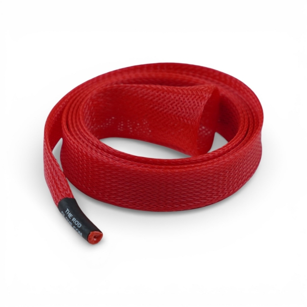Red casting rod glove made of flexible mesh material with Vexus Boats logo printed on the side, coiled view