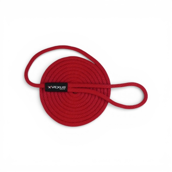Coiled red Vexus 1/2 inch by 15 foot braided dock line with closed loop