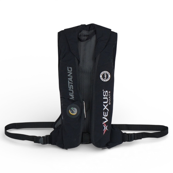 Black Mustang Elite inflatable PFD with Vexus Boats logo, Mustang branding, and front‑entry design shown upright
