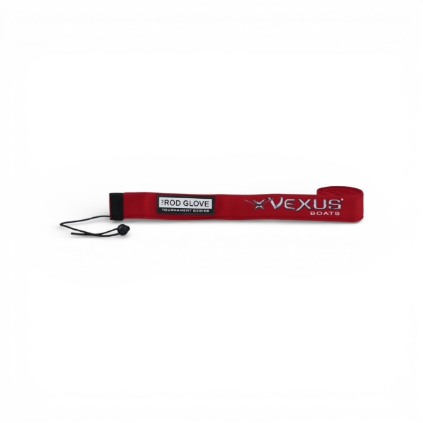 Red neoprene Tournament Series casting rod glove with Vexus logo, laid flat
