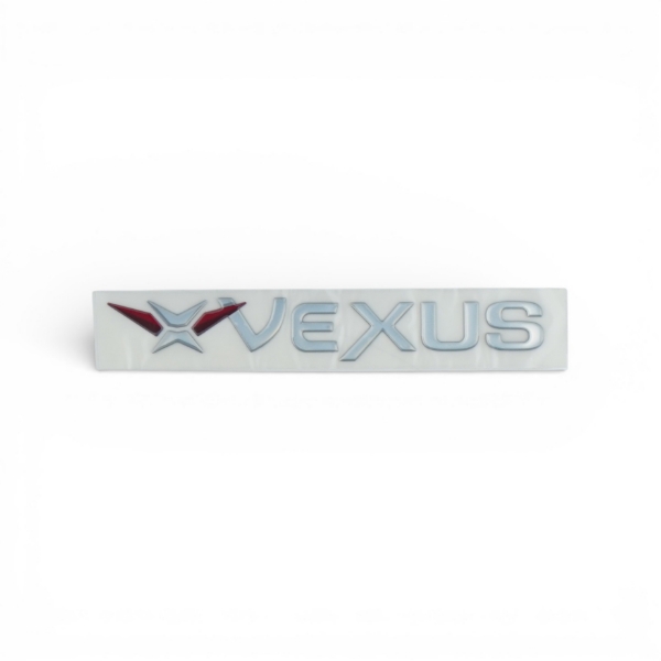 Raised vinyl dome Vexus logo decal on white background, straight view