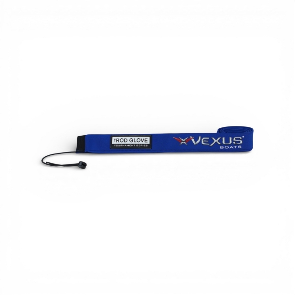 Royal blue neoprene casting rod glove with Tournament Series patch and Vexus Boats logo, laid out flat with securing loop visible
