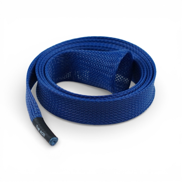 Royal blue Vexus casting rod glove made of mesh sleeve material, coiled view
