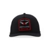 Front view of Black Performance Flat Bill with red, black and white Vexus Boats Advanced Marine Performance patch