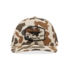 Front view of Duck Camo Hat with Vexus Boats patch and tan, brown and olive camouflage pattern