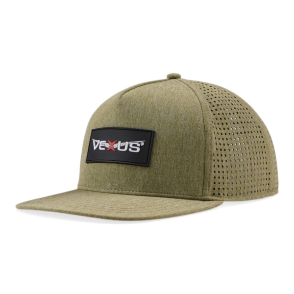 Angled front view of Olive Performance Hat with black Vexus logo patch and perforated side panels