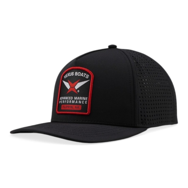 Angled front view of Black Performance Flat Bill with Vexus Boats Advanced Marine Performance patch