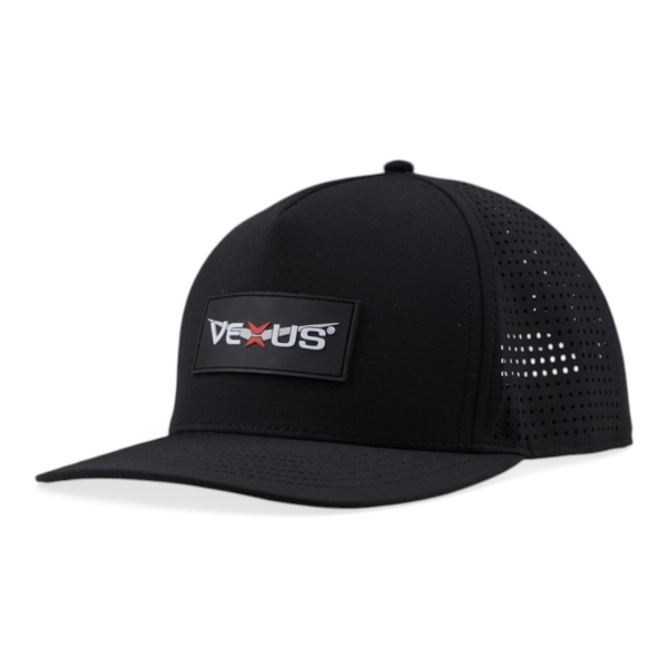 Angled front view of Black Performance Cap with Vexus logo patch and perforated side panels
